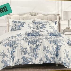 NEW Shabby Chic 3 Piece Cotton Comforter Set - Blue White Floral, King Size